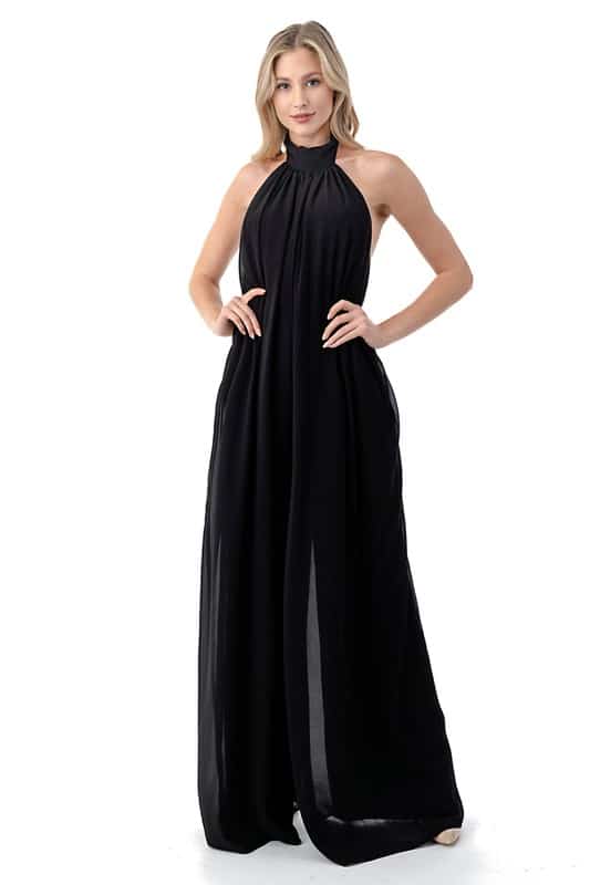 Black Zina Halter Neck Wide-Legged Open Back Jumpsuit For Fall Winter Spring Summer