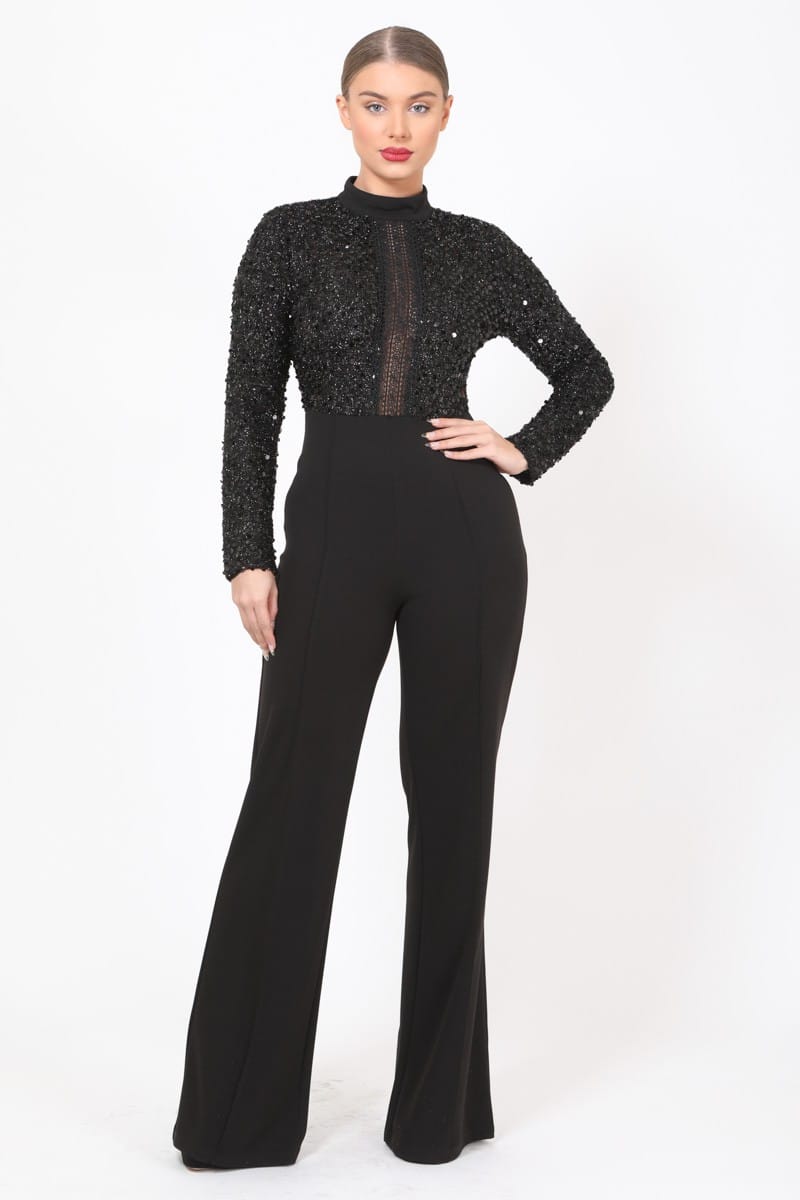 Black Sarah Sequins Long Sleeve Flared Legged Jumpsuit For Fall Winter Spring Summer