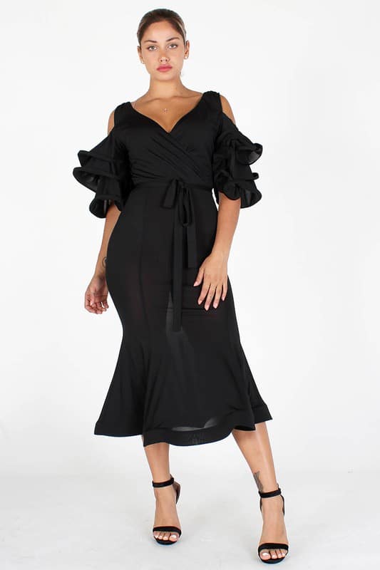 Black Nengi V Neck Tiered Sleeves Midi Dress For Fall Winter Spring Summer