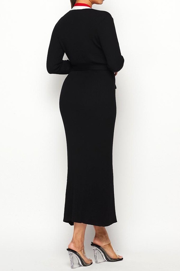 Black Sara Belted Cardigan Wrap Midi Dress For Fall Winter Spring Summer