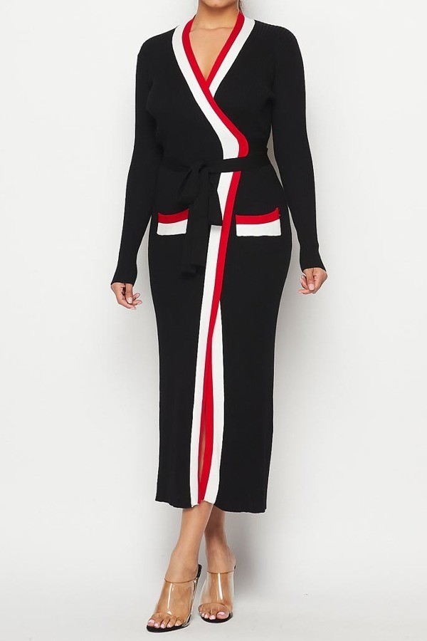 photograph of black calf-length cardigan wrap dress with broad red and white interior and pocket striping.