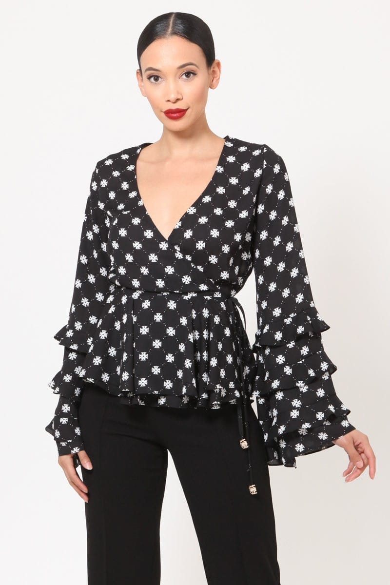 Emem Layered Ruffle Bell Sleeves Print Top