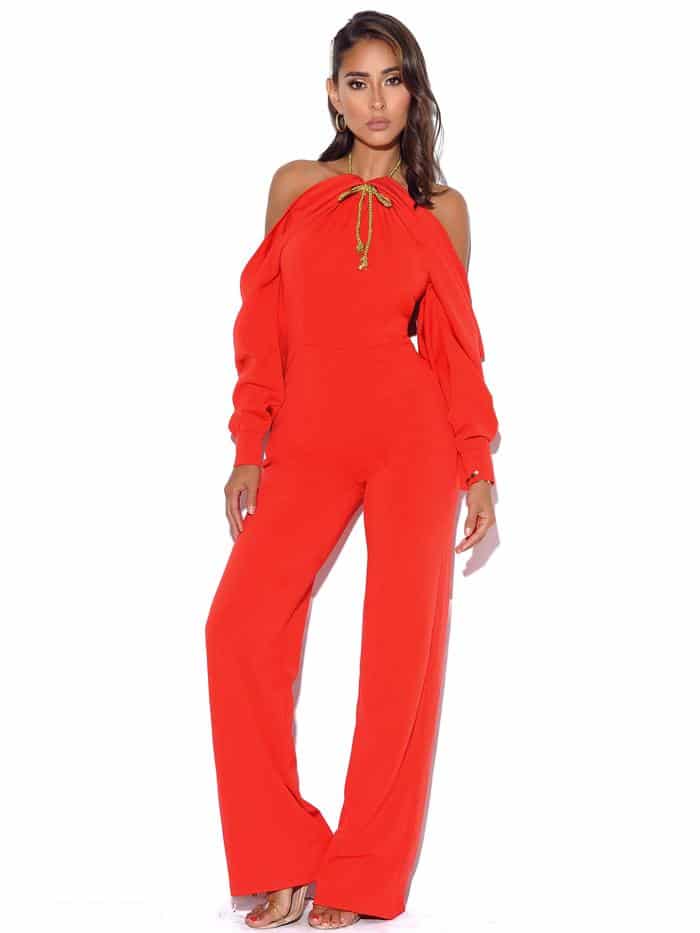 Halterneck Red Crepe Off Shoulder Jumpsuit 2