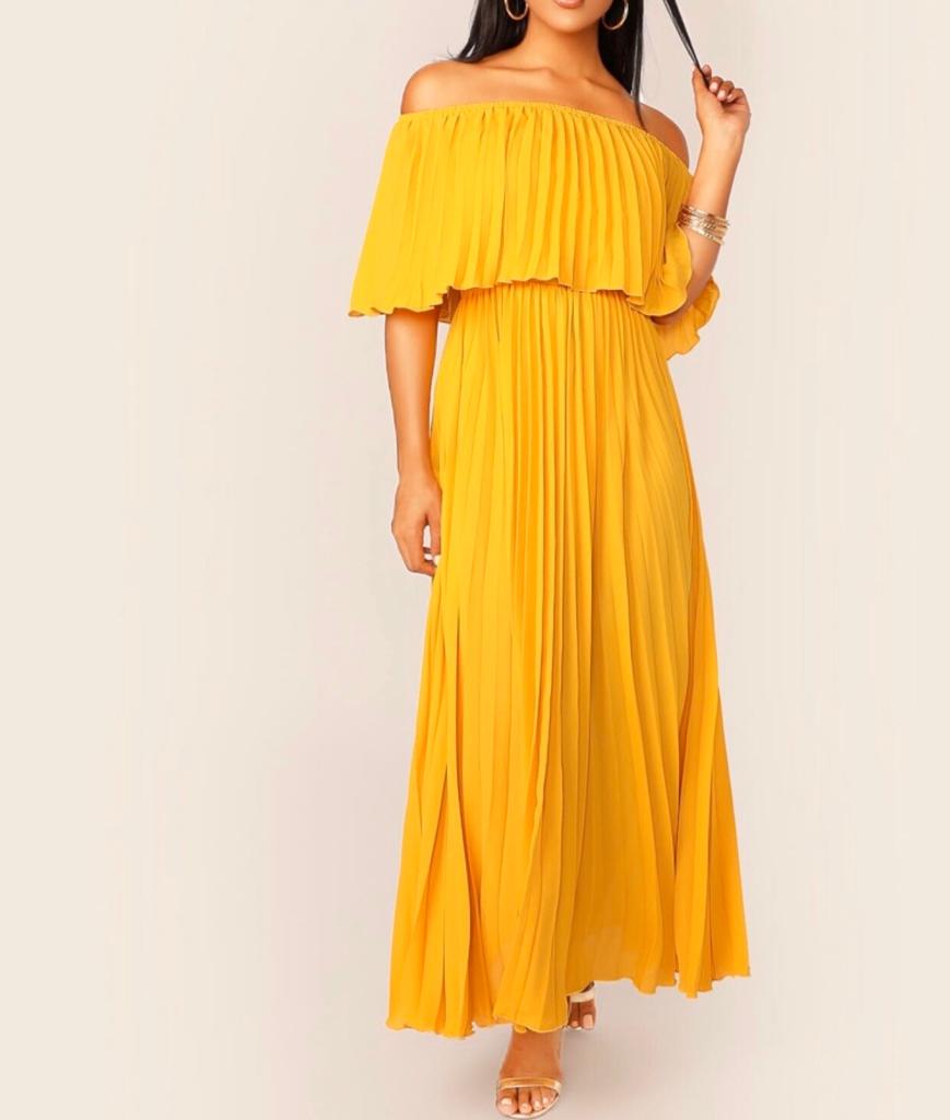 KRYSTAL CHIFFON PLEATS OFF/S MAXI DRESS