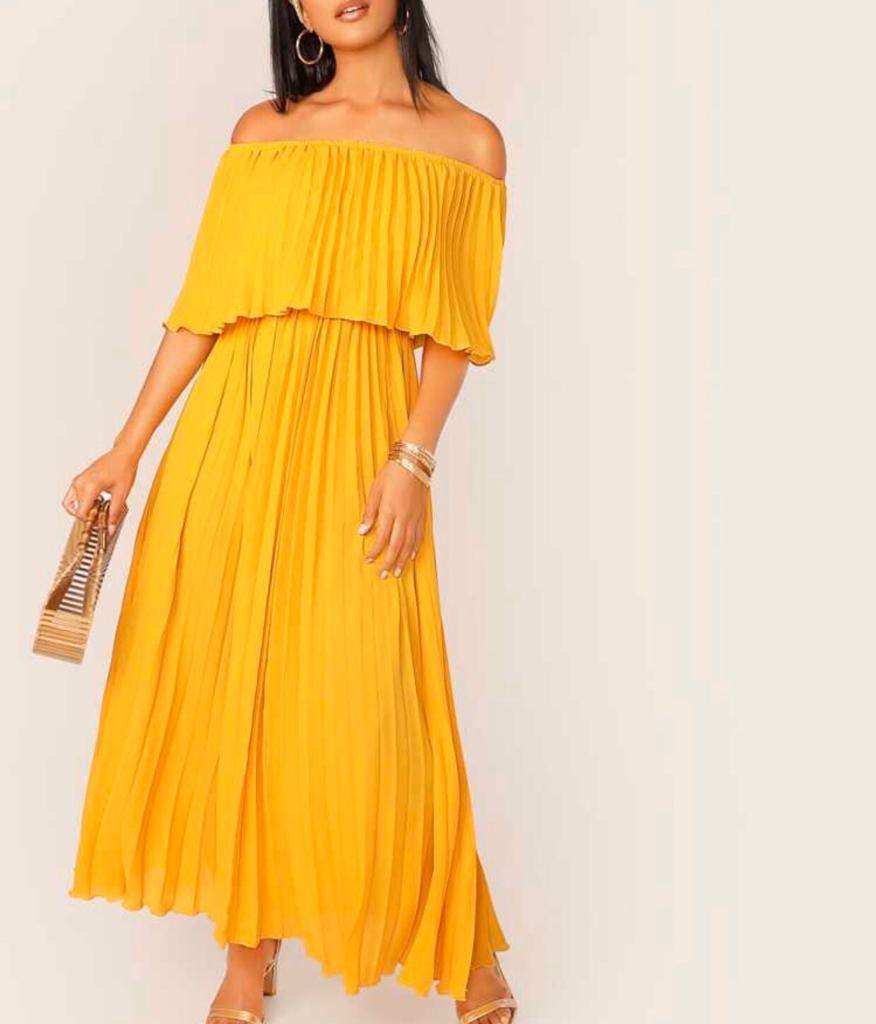 Yellow KRYSTAL CHIFFON PLEATS OFF/S MAXI DRESS For Fall Winter Spring Summer