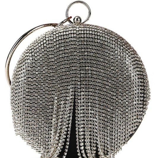 Black Silver Jessie Round Rhinestone Tassel Evening Clutch Bag For Fall Winter Spring Summer