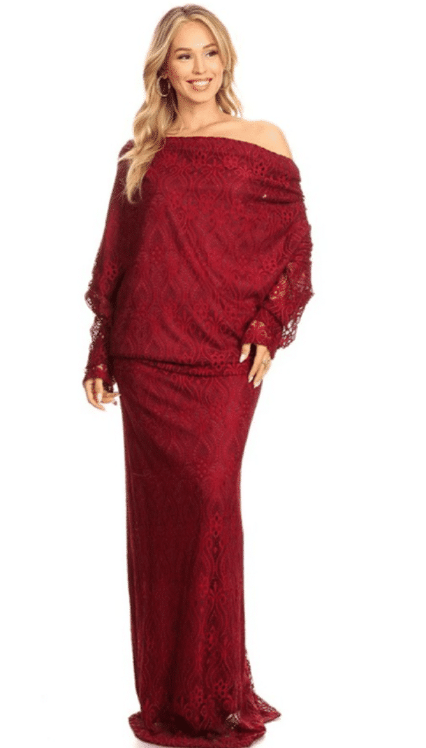 Burgundy Kenya Off Shoulder Low Back Lace Maxi Dress For Fall Winter Spring Summer