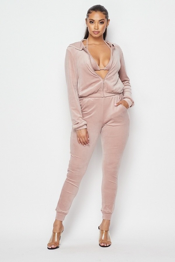 Laila Mauve Velour Three Piece Tracksuit Set For Fall Winter Spring Summer