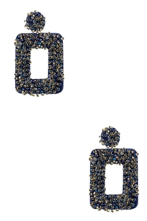 Blue Beaded Open Rectangle Drop Earrings