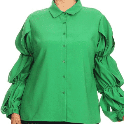 Green Hudson Solid long sleeve button down blouse with tiered puff sleeves and a collar For Fall Winter Spring Summer