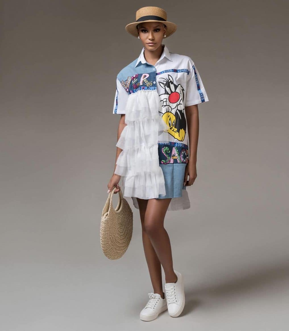 Farewell 2019 Embellished Denim and White Embellished Shirt Dress For Fall Winter Spring Summer