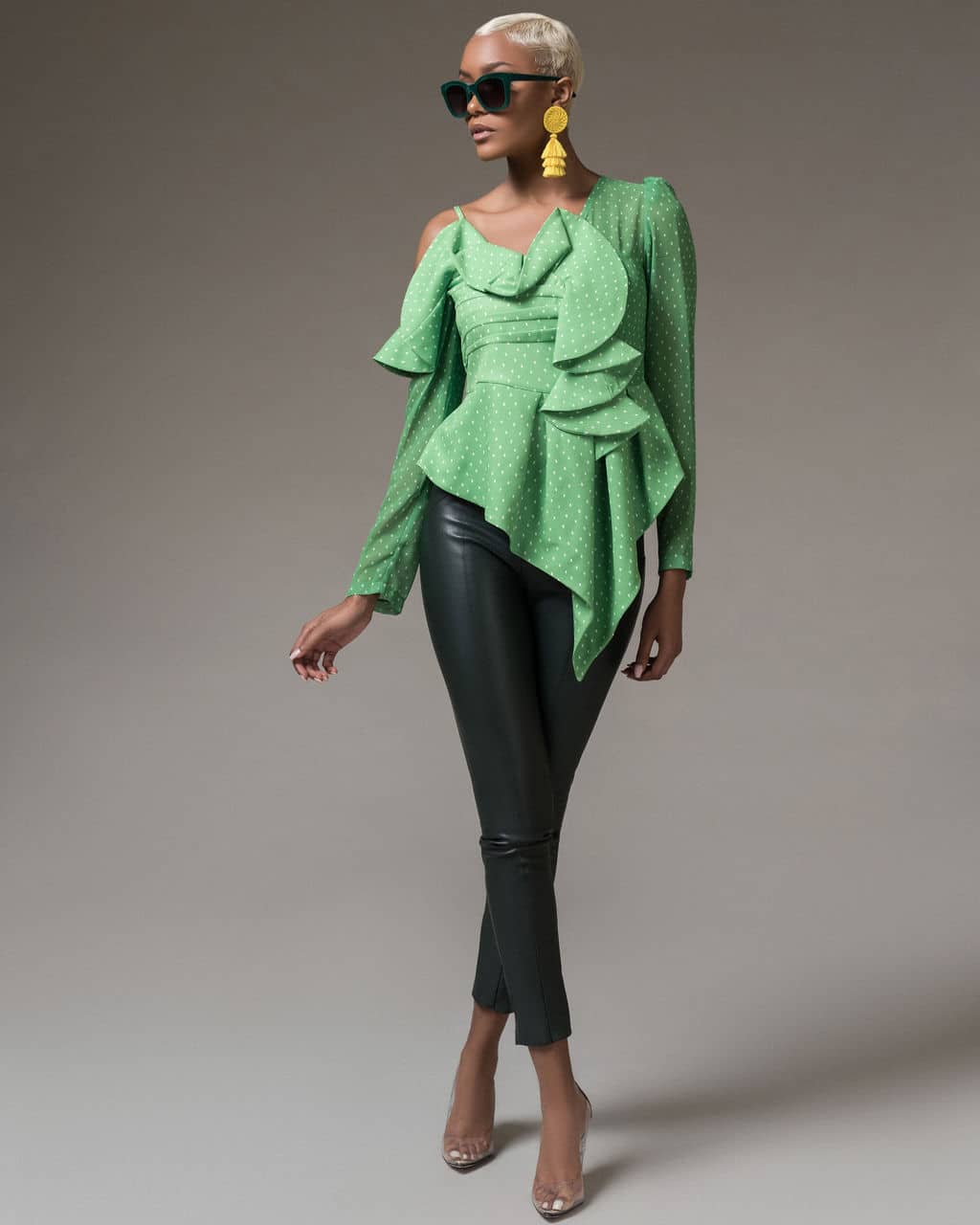 Green Dara Ruffle Top For Fall Winter Spring Summer